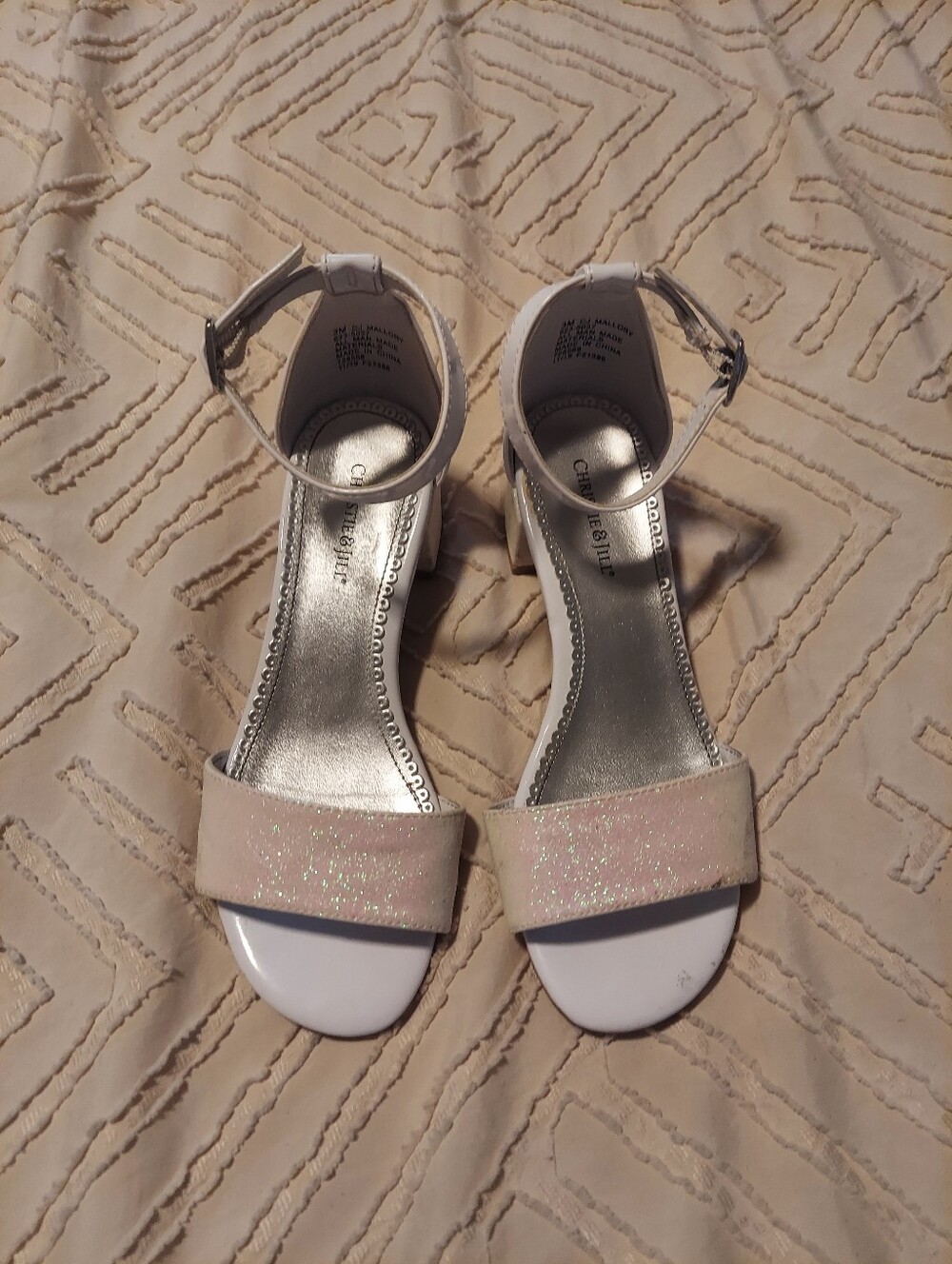 Christie & Jill Girls White Glitter Ankle Strap Block Heels Size 3M